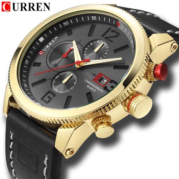 

curren 8281 mens watches waterproof brand luxury chronograph date fashion casual genuine leather sport military male clock294z, Slivery;brown