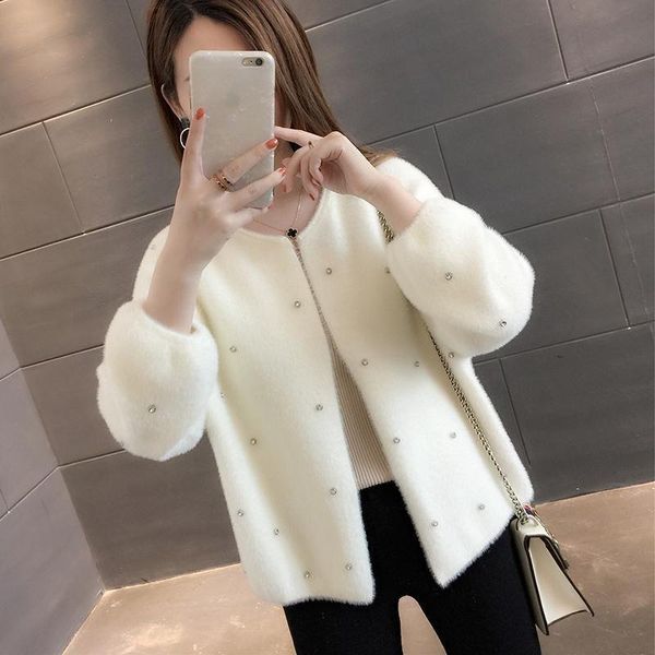 

sweaters 2021 vrouwen casual jas imiteren mink fur solid o hals vest jas herfst winter kleding met kralen bovenkleding vrouwelijke, White;black