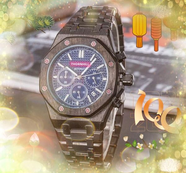 

all dials work brand mens watches three eyes full functional clock all stainless steel quartz calendar hip hop iced out gold bracelet gentle, Slivery;brown
