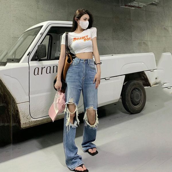 

jeans ripped straight women's jeans baggy vintage high waist boyfriends mom denim distressed streetwear 2022 female, Blue