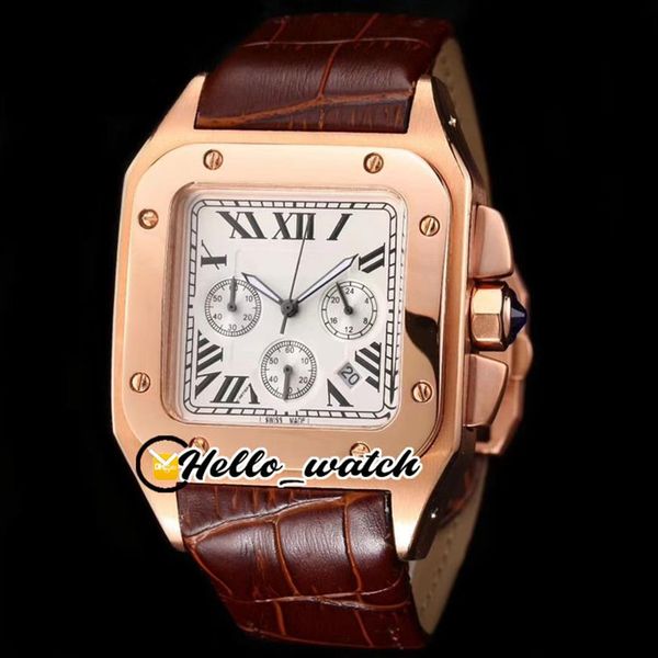 

42mm 100 w20090x8 w20091x7 watches white dial miyota quartz chronograph mens watch rose gold case satch brown leather strap hi252g, Slivery;brown