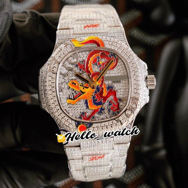 

jhf limited new iced out full diamonds 5720 1 enamel dragon design dial cal 324 s c automatic mens watch 5720 diamonds bracelet he278f, Slivery;brown