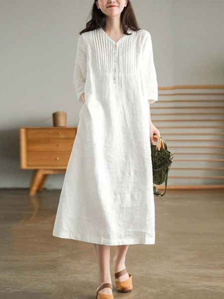 

dresses 2022 summer new women's cotton and linen dress loose stitching solid color cotton and linen vneck fivepoint sleeve midlength, Black;gray