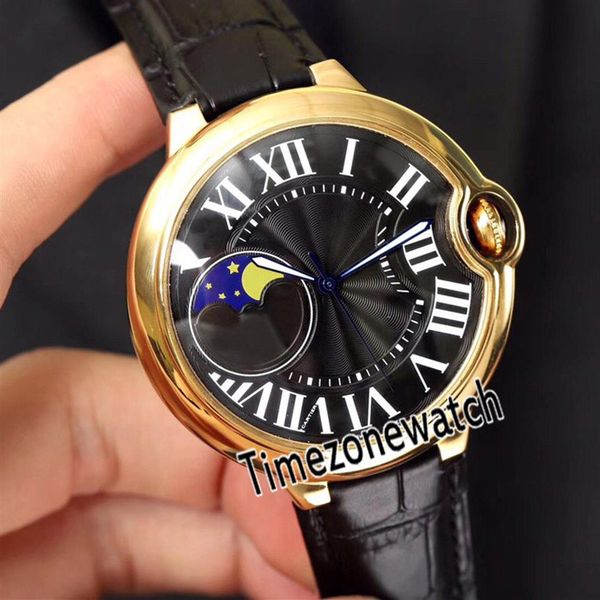 

new wjbb0025 yellow gold black texture dial white roma mark moon phase automatic mens watch black leather strap watches timezonewa225s, Slivery;brown