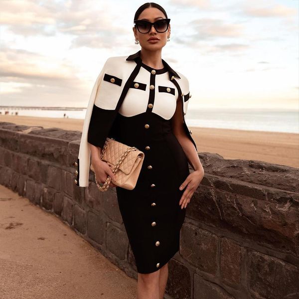 

dress 2022 new black white button beading bodycon two pieces rayon bandage dress set elegant evening party set
