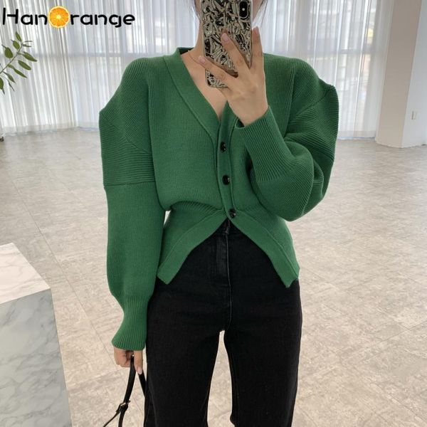 

sweaters hanorange chic puff sleeve knitted jacket 2022 early spring french style vintage green vneck singlebreasted sweater cardigans, White;black