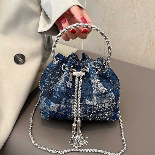 

evening bags tassel handbag bucket bag round ring design hand bag for women 2022 new denim clutch fashion chain shoulder crossbody bag j2304