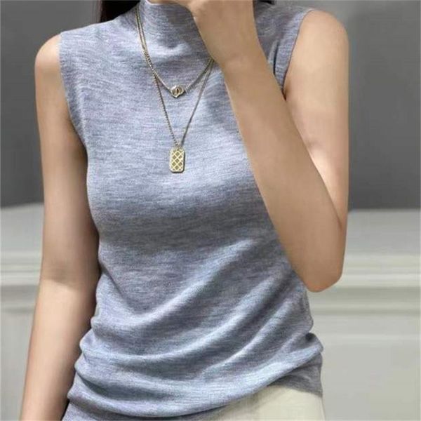 

tanks 2022 summer ultra thin half turtleneck worsted wool knit ladies vest loose pullover solid color sleeveless bottoming top, Black;white