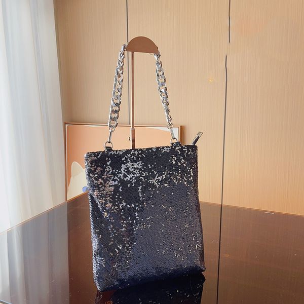 

womens designer sequins decor bags glitter blingbling handbags silver metal hardware underarm large capacity shgopping purse white black 24x