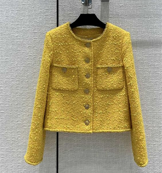 

fur european and american women's wear spring 2022 new longsleeved round collar fashion yellow singlebreasted tweed coat, Black
