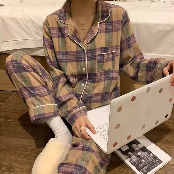 

women's sleepwear women's plaid pajamas set turn-down collar sleepwear full sleeve long pants 2 pieces suit homewear pyjamas night, Black;red