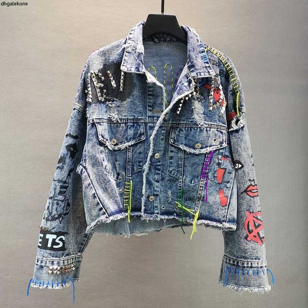 

women's jackets manual rivet beaded line tassel letter graffiti print women denim spring autumn 2023 casual hole veste femme, Black;brown