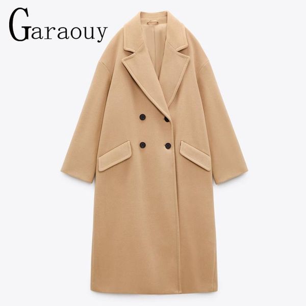 

fur garaouy 2022 new women double breasted loose woolen coat lapel solid long jackets female simple work casual oversize outerwear, Black