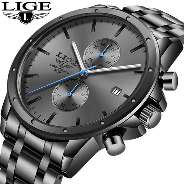 

lige watches mens brand luxury stainless steel quartz watch for men waterproof sport chronograph male classic clock 210609265j, Slivery;brown