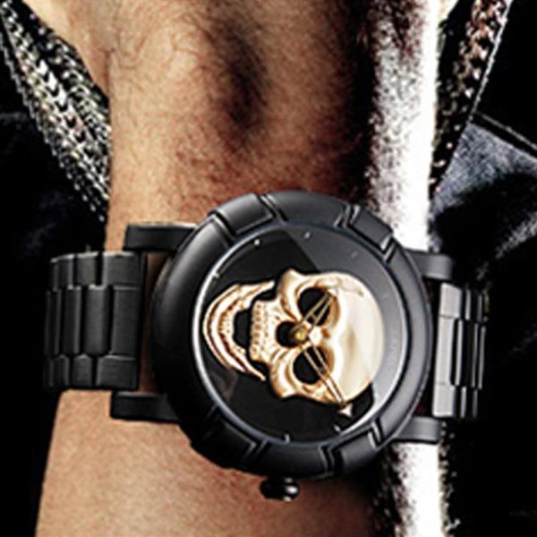 

cool man steampunk skull head watch men 3d skeleton clock gold black punk watches male quartz wristwatch mens reloj hombre relogio322h, Slivery;brown