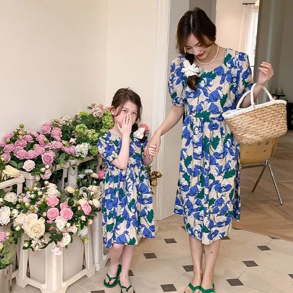 

family matching outfits family matching outfits mother kids girls summer korean cotton printed dress mommy and daughter matching clothes 230, Blue