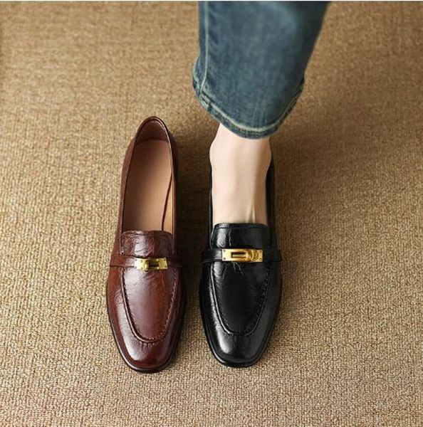 

brown black gold buckle loafers fashion single shoes full grain leather low heel womens single shoes lady flats