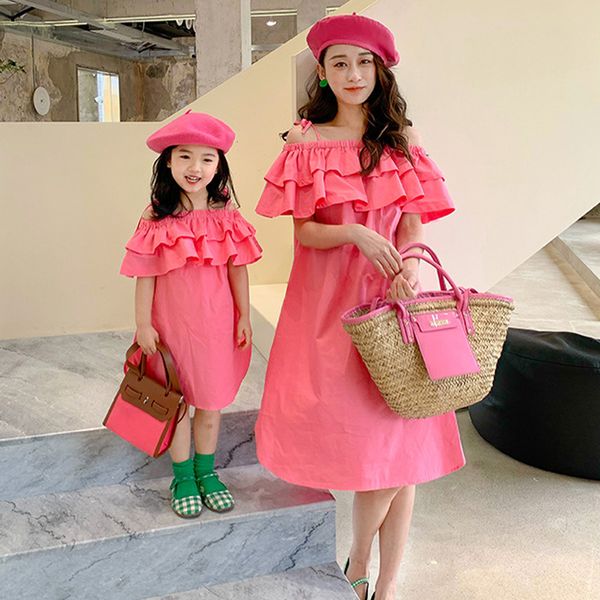 

family matching outfits menoea mothers and childs dress korean version girls double layer ruffle edge one line neck dress summer clothes 230, Blue