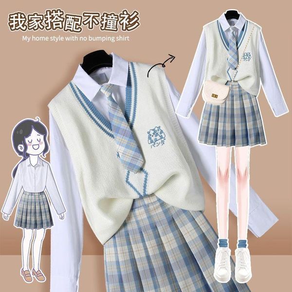

dress japan jk uniform suits sweater vest + women's autumn winter preppy knitted shirt + pleated skirt kawaii sets, White