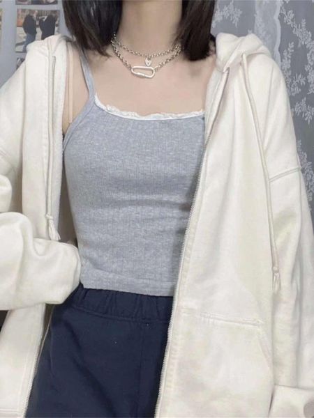 

t-shirt puwd casual women gray lace tanks 2022 spring fashion ladies vintage slim o neck sweet sling camis girls cute y2k crop, White