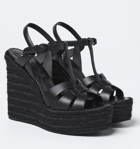 

summer women tribute sandal high heels wedges shoes wedge espadrille sandals luxury design heeled black white leathers pump box 35-43
