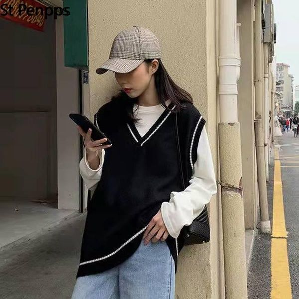 

vests women vest simple allmatch patchwork korean style vneck knitted sweater leisure student sleeveless female vintage vest, Black;white