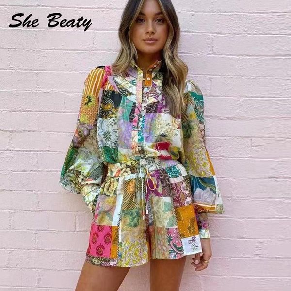 

dress two piece blouse shirt and shorts sets women casual floral printed lantern sleeve high street designer fashion traf clothes, White