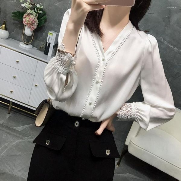 

Women' Blouses 2023 Spring Women Chiffon Lace V Neck Long Sleeve Female Blouse Chic Fashion Loose Ladies Casual Tops Harajuku K198, White