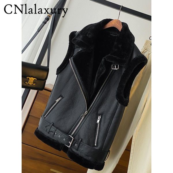 

vests cnlalaxury 2022 autumn winter woman black faux leather panel tank casual sleeveless thicken fleece vests belt waistcoat, Black;white