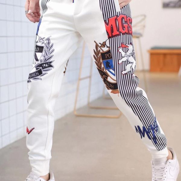 

pants highquality men's new casual sports pants korean fashion printing british style striped laceup plus size small feet pants, Black