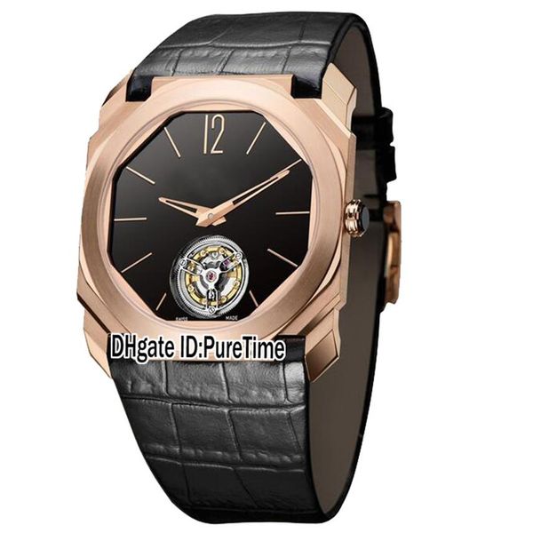 

new 42mm octo finissimo 102346 bgo40bgltbxt rose gold black dial tourbillon automatic mens watch black leather sports watches pure250d, Slivery;brown