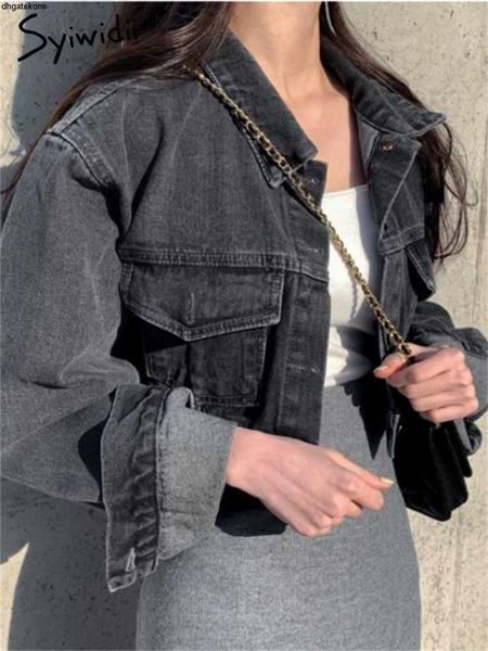 

women's jackets syiwidii vintage denim for women 2023 loose single breasted turn down collar long sleeve korean fashion crop coat, Black;brown