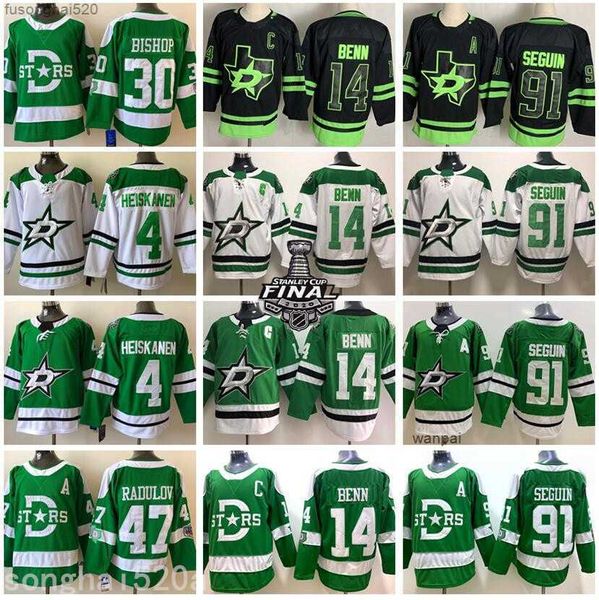 

dallas stars jersey hockey 14 jamie benn 91 tyler seguin 4 miro heiskanen 24 roope hintz 30 ben bishop 47 alexander radulov black out green, Black;red