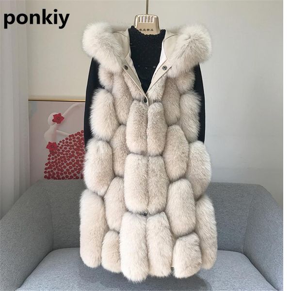 

fur hooded real fox fur vest long sleeveless plus size natural fur women luxury winter jacket genuine fox fur vests with hood, Black