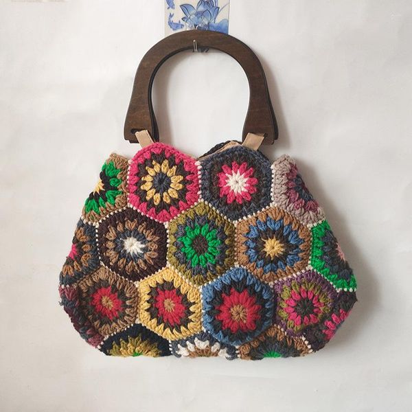 

shoulder bags bohemian crochet handbags square women vintage wooden knitted handmade woven summer beach large tote big shopper purses