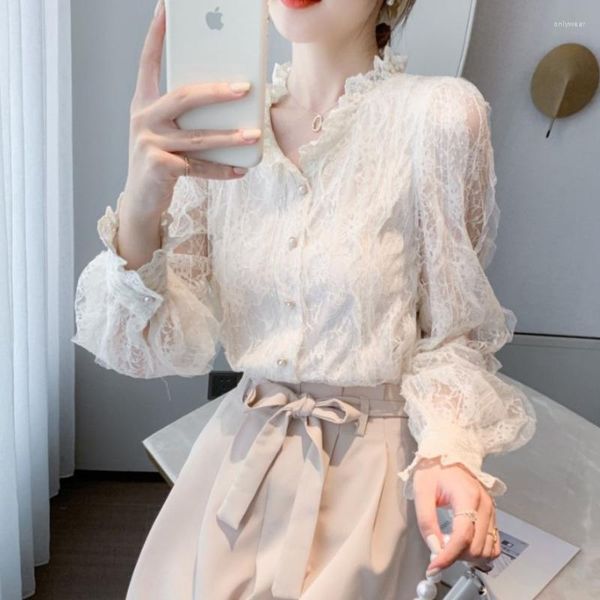 

women's blouses perspective long sleeve shirts ruffles collar chiffon basic ladies lace blouse femme loose cute, White