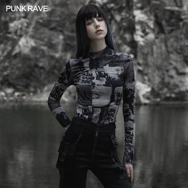 

t-shirt punk rave women's punk daily fit split small stand collar digital printing long sleeve tshirt tight spring/autumn, White
