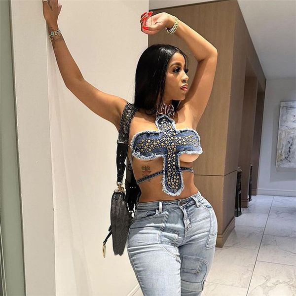 

womens tshirt rivets denim lace up vest women jeans crop 230420, White