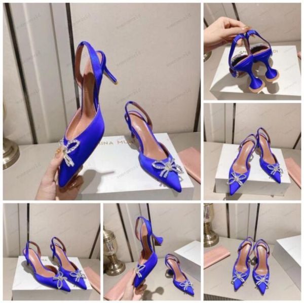

amina muaddi wedding sandals heeled shoes dress shoe luxury designer satin high bow crystal-embellished buckle pointed toe sunflower slipper, Black