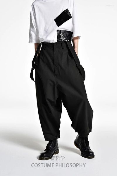 

men's pants original design of wide-leg culottes and suspenders ultra-loose japanese style slacks for men big yards trousers, Black