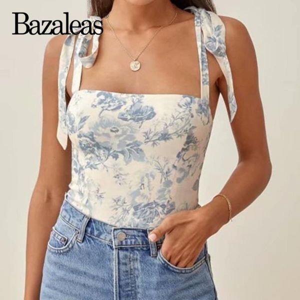 

t-shirt bazaleas elegant adjust spaghetti straps women camis fashion women tank vintage big blue floral print slim female top, White