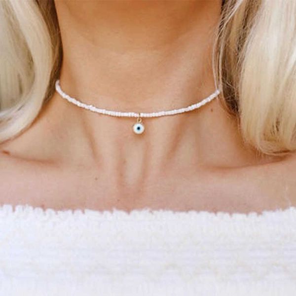 

pendant necklaces baby blue evil eye beaded choker necklace w0421, Silver