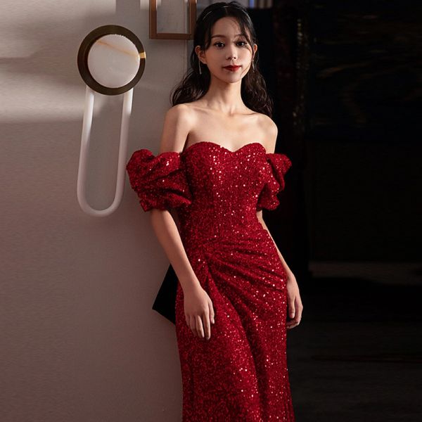 

wine red cocktail dresses puff off shoulder shiny sequined pleated bow strapless for women mermaid prom gowns dance party, Black
