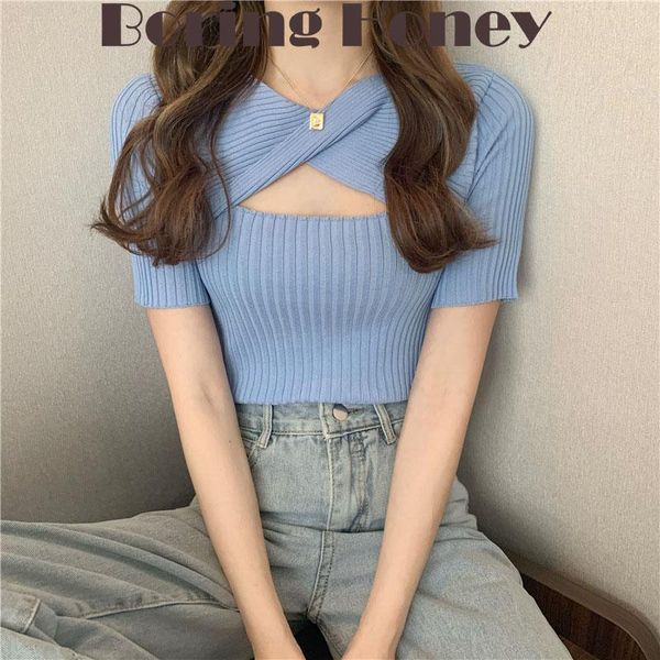 

t-shirt boring honey fashion women blouses summer hollow out short women's tshirt slim basic be allmatch knitted tank women, White