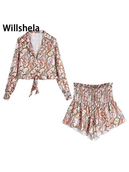 

dress willshela women fashion two piece set printed single breasted blouse elastic waist shorts chic lady women shorts sets, White