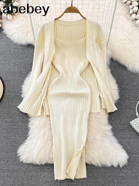 

dress 2022 botton knitted women sets loose long sleeves cardigan+ solid elastic dress french style casual two piece set, White
