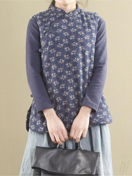 

vests johnature women vintage vest coat chinese style print floral button stand 2022 fall new sleeveless casual cotton cardigan vests, Black;white