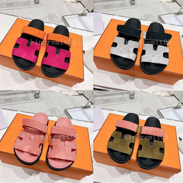 

designer chypre sandals suede sandal men women slippers leather slides thick bottom rubber sole shoes calfskin slipper, Black
