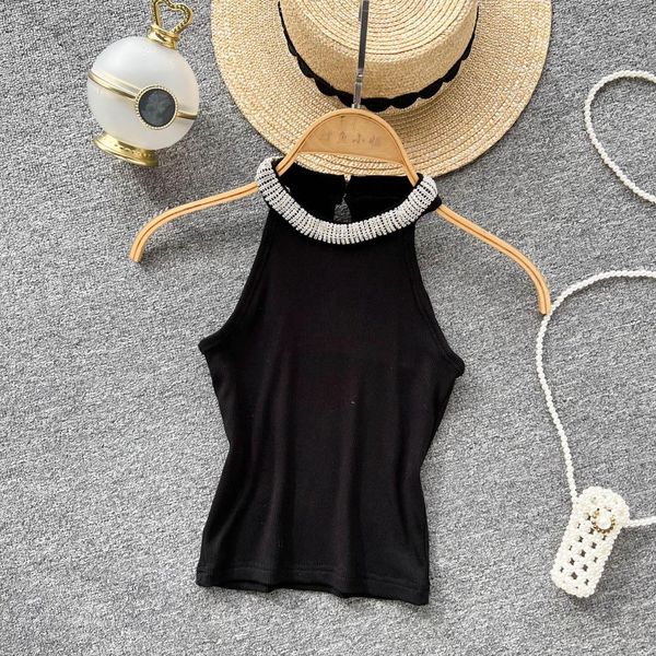 

tanks 2022 new slimfit short elegant tanks round neck diamond sleeveless vest for women inner wear outer wear summer camisoles, Black;white