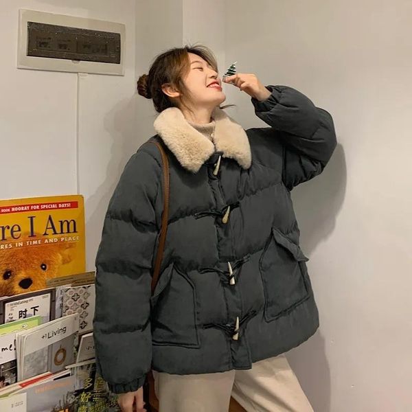 

leather short cotton liner parka coat 2021 new winter jackets women casual thick warm parka ladies lapel solid color chic puffer jacket, Black